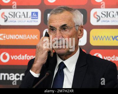 Tirana, Albanien. 09. Januar 2023, Tirana - Albanien. Vorstellung des neuen Managers der albanischen Fußballnationalmannschaft, Sylvinho, und seiner Mitarbeiter Kredit: Nderim Kaceli/Alamy Live News Stockfoto