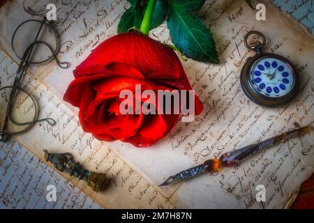 Rote Rose Und Alte Buchstaben Stockfoto