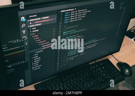 Programmierer, die im Büro arbeiten, Programmierer, Analytiker, die Code schreiben – Programmierer auf dem Bildschirm, Computer zum Lernen und entwickeln digitaler Programme Stockfoto