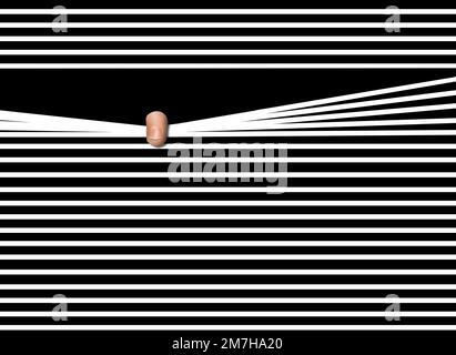 Ein Finger zieht eine Leiste in einer Jalousie nach unten, um in einer 3-D-Abbildung über Vorsicht aus dem Fenster zu schauen. Stockfoto