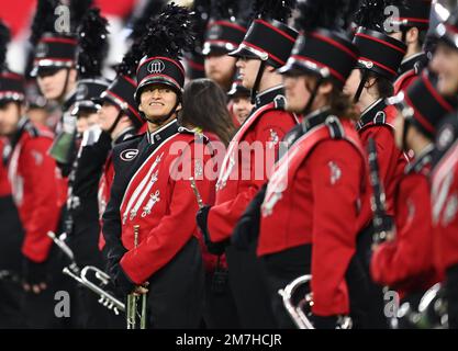 Inglewood, Usa. 09. Januar 2023. Vor der NCAA College Football National Championship 2023 zwischen Georgia und TCU im SoFi Stadium in Inglewood, Kalifornien, am Montag, den 9. Januar 2023, steht eine Marschkapelle auf dem Spielfeld. Foto: Mike Goulding/UPI Credit: UPI/Alamy Live News Stockfoto