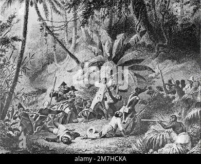 Schlacht bei „Snake Gully“ im Jahr 1802 während der haitianischen Revolution. Diese Revolution war der gewaltsame und blutige Sturz der weißen Herrscherklasse Haitis während eines Sklavenaufstands. Stockfoto