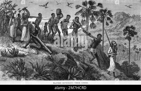 Arabisch-suahelianische Sklavenhändler und ihre Gefangenen am Ruvuma-Fluss in Ostafrika, 19. Jahrhundert Stockfoto