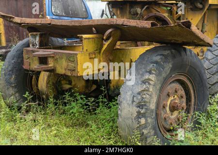 Verlassene, kaputte Lastwagen mitten in der Natur, bedeckt von wilden Büschen aus nächster Nähe Stockfoto