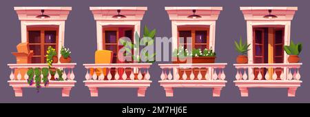 Alte Apartmenthausfassade, Balkone mit Blumentöpfen und klassischen Fensterrahmen, Risse und Schäden an den grauen Wänden, alte Außenlampen. Urbane Architektur. Vektordarstellung des Nachbarschaftskomitees Stock Vektor