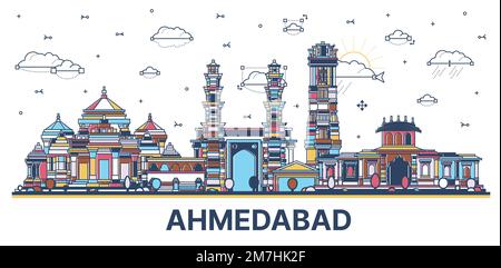 Umreißen Sie die Skyline von Ahmedabad India City mit farbigen historischen Gebäuden, isoliert auf Weiß. Vektordarstellung. Ahmedabad Stadtlandschaft mit Wahrzeichen. Stock Vektor