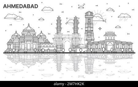 Umreißen Sie die Skyline von Ahmedabad India City mit historischen Gebäuden und Reflektionen, isoliert auf Weiß. Vektordarstellung. Ahmedabad Stadtbild mit Wahrzeichen Stock Vektor