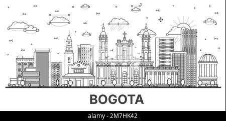 Umreißen Sie die Skyline von Bogota Colombia City mit historischen Gebäuden, isoliert auf White. Vektordarstellung. Bogotas Stadtlandschaft mit Wahrzeichen. Stock Vektor