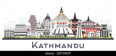 Skyline von Kathmandu Nepal mit farbigen Gebäuden isoliert auf Weiß. Vektordarstellung. Stadtbild von Kathmandu mit Wahrzeichen. Geschäftlich Stock Vektor