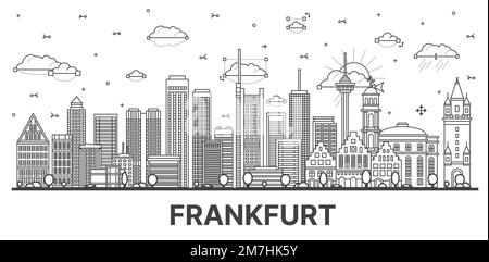 Umreißen Sie die Frankfurter Skyline mit modernen Gebäuden, isoliert auf Weiß. Vektordarstellung. Frankfurter Stadtlandschaft mit Wahrzeichen. Stock Vektor