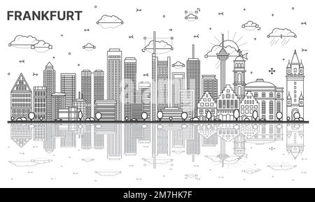 Umreißen Sie die Frankfurter Skyline mit modernen Gebäuden und Reflexionen, isoliert auf Weiß. Vektordarstellung. Frankfurter Stadtlandschaft mit Wahrzeichen Stock Vektor