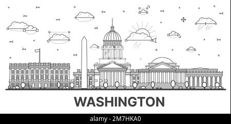 Umreißen Sie die Skyline von Washington DC mit historischen Gebäuden, isoliert auf White. Vektordarstellung. Washington DC, USA mit Wahrzeichen. Stock Vektor