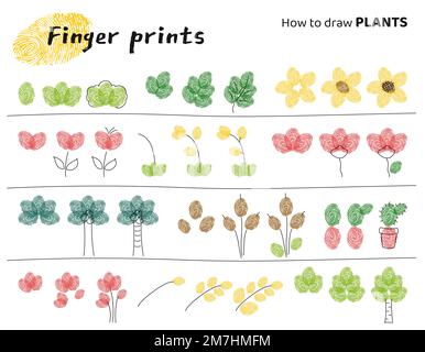 Fingerabdrücke Kunst. Die Aufgabe für Kinder, verschiedene Pflanzen herzustellen. Stock Vektor