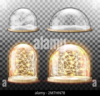 Glaskuppel mit Schnee und heller Girlande, realistischer Vektor. Runde Glaskuppel mit heller Holzplatte und weißen herabfallenden Schneeflocken, isoliert auf transparentem Hintergrund. Weihnachtsdekoration, Souvenir Stock Vektor
