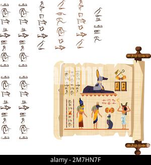 Alte ägyptische Papyrus-Schriftrolle mit Holzstäbchen-Cartoon-Vektor. Antikes Papier mit Hieroglyphen und religiösen Symbolen der ägyptischen Kultur, antiken Göttern, Skarabäen und menschlichen Figuren, isoliert auf weißem Hintergrund Stock Vektor