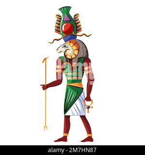 der alte ägyptische gott ist die Quelle des Nil-Khnum-Cartoon-Vektors. Ägyptische Kultur religiöses Symbol, schöpfer gottes mit menschlicher Figur und Rammbock mit spiralgedrehten Hörnern und heiligen Symbolen in seinen Händen Stock Vektor