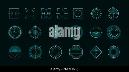 HUD AIM-benutzeroberfläche. Futuristischer Zielrahmen für die Benutzeroberfläche des Spiels, militärisches Scharfschützenvisier-Hologramm, Sci-Fi-Fokus der hud ui-Technologie, Frame Game Circle. Vektordarstellung Stock Vektor