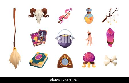 Magic Elements Kollektion. Cartoon mystische Hexenobjekte, buntes Hexenzeug Magier Flaschentrank Alchemie okkulte Symbole. Vektorisoliertes Set von Hexenelementen Illustration Stock Vektor