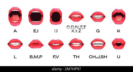 Frauenlippen-Animation. Zeichentrickfilme weibliche Lippensynchronisation mit animierten Phonemen, süßes Mädchen mit offenem Mund, mit Zungen- und Zahnunterricht. Vektorsatz der Darstellung der Ausdruckssynchronisation Lippen Stock Vektor