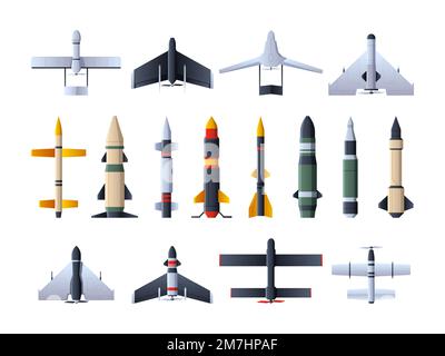 Militärische Raketen und Drohnen. Ballistische Raketen mit Sprengkopf, unbemannte Militärflugzeuge für Aufklärung, Angriff und Luftwaffe, herumlungernde Waffe. Vektorset der Power-Flugabwehr, militärische Illustration Stock Vektor