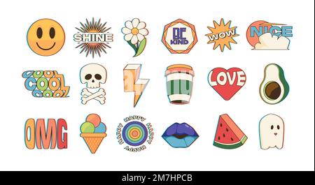 Trendige Aufkleberpackung. Zeichentrickfilme und Stempel mit abstrakten Comic-Figuren und Text, trendige Hipster-Abzeichen mit lustigen Sätzen. Vektorsatz mit lustigen Aufklebern und Patch-Illustration Stock Vektor
