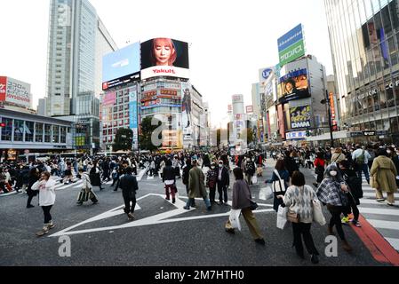 Shibuya Crossing ist die geschäftigste Fußgängerüberquerung der Welt. Shibuya, Tokio, Japan. Stockfoto