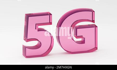 Inschrift Glas 5G auf grauem Podium, weiches Licht, Vorderansicht glatter Hintergrund, 3D Rendering Stockfoto