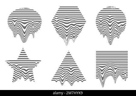 Cyberpunk geometrische Elemente. Geschmolzene Formen im Vintage-Stil mit Streifenmuster in Silhouette. Memphis Retro-Design. Vektor-futuristische Kunst Stock Vektor