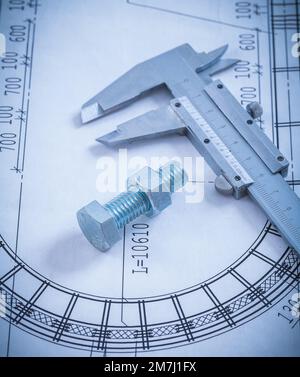 Edelstahlbolzen mit Schraubenmutter Rollenlager im Baukonzept Blueprint. Stockfoto