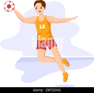 Handball Darstellung eines Spielers, der den Ball mit der Hand berührt und in einem flachen Zeichnungsschablone für den Sportwettbewerb ein Tor erzielt Stock Vektor