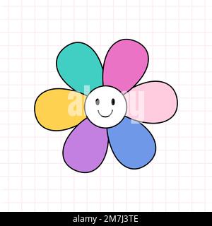 Blume mit lächelndem Gesicht im Stil der 90s Jahre. Handgezeichnete Vektor-Doodle-Illustration isoliert auf weißem Hintergrund. Nostalgie für die 1990er. Perfekt für Karten, Dekorationen, Logos, Aufkleber. Stock Vektor