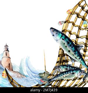 Zusammensetzung von Makrele und Meerescape-Aquarell-Darstellung, isoliert auf Weiß. Frischer Fisch, Fischernetz, Leuchtturm von Hand gezeichnet. Designelement für Pac Stockfoto