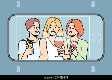 Fröhliche, vielfältige Menschen trinken Cocktails und machen Selfie auf dem Handy. Lächelnde Freunde freuen sich auf Feiern und nehmen Selbstporträts auf dem Smartphone auf. Vektordarstellung. Stock Vektor