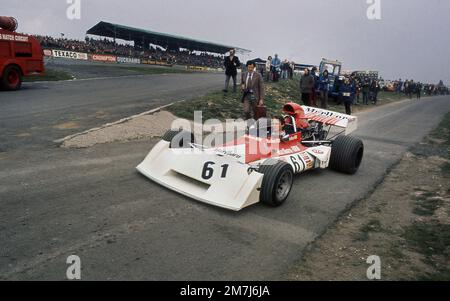 Niki Lauda fährt mit seinem BRM P160 bis zum Beginn des Rennens von Champions Brands Hatch UK 1973 Stockfoto