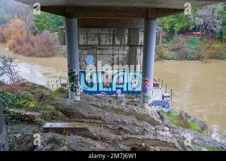 Der Name VLAD und andere Graffiti auf der Unterseite einer Brücke über den Russian River in Forestville, Kalifornien. Stockfoto