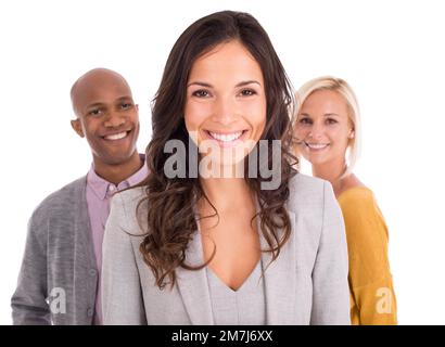 Optimistisch in Bezug auf ihr Geschäft. Studioporträt einer Gruppe selbstbewusster Geschäftsleute. Stockfoto