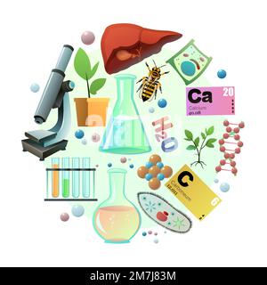 Chemiebild in Kreisform. Bild von wissenschaftlichen Artikeln. Untersuchung lebender Zellen von Pflanzen, Tieren und Menschen. Isoliert auf weißem Hintergrund. Vektor. Stock Vektor