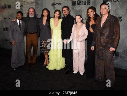 9. Januar 2023 - Los Angeles, Kalifornien - (L-R) Lamar Johnson, Jeffrey Pierce, Storm Reid, Nico Parker, Pedro Pascal, Bella Ramsey, Merle Dandridge und Gabriel Luna HBO's The Last of US Premiere im Regency Westwood Village Theatre. NUR REDAKTIONELLE VERWENDUNG! Nicht für kommerzielle ZWECKE! Stockfoto