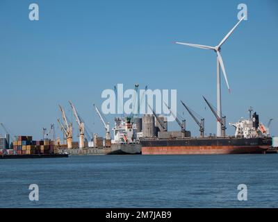 Antwerpen, Belgien, 24. Juli 2022, Frachtschiffe liegen am Be- und Entladekai des antwerpener Hafens vor Stockfoto