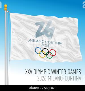 Italien, Jahr 2026, Flagge der XXV-Olympischen Winterspiele 2026, Mailand und Cortina d'Ampezzo, Vektordarstellung Stockfoto