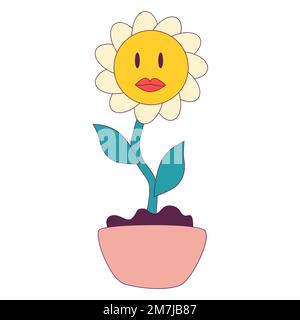 1970 groovy funky Gänseblümchen Lächeln im Topf. Y2K Comic-Vintage-Element für Sticker, Karte, Symbol. Vektordarstellung. Stock Vektor