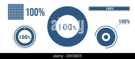 Symbolsatz für zu 100 Prozent geladene Daten. Hundert Kreisdiagramm, Ringdiagramm, Fortschrittsbalken. Infografik zu 100 %. Vector Concept Kollektion, blau Stock Vektor