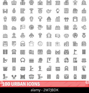 100 urbane Symbole eingestellt. Umrissdarstellung von 100 urbanen Symbolen Vektorsatz isoliert auf weißem Hintergrund Stock Vektor