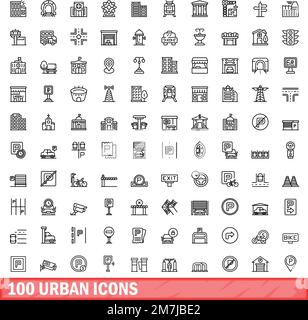 100 urbane Symbole eingestellt. Umrissdarstellung von 100 urbanen Symbolen Vektorsatz isoliert auf weißem Hintergrund Stock Vektor