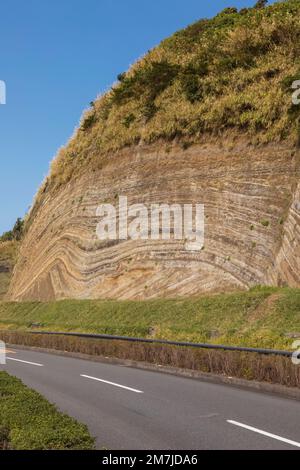 Japan, Honshu, Izu-Oshima Island, Road and Stratum Section of Cliffs Stockfoto