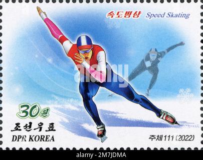 2022 Briefmarken aus Nordkorea. Wintersport, Speedskating Stockfoto