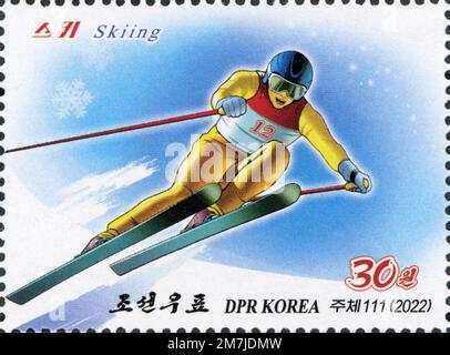 2022 Briefmarken aus Nordkorea. Wintersport. Skifahren Stockfoto