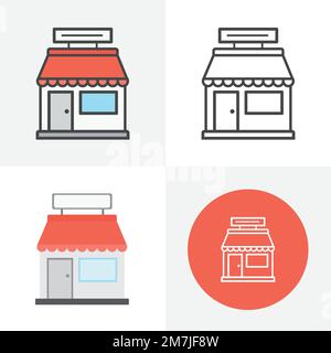 Filialsymbol, farbiges Umrisssymbol einer Filiale, eines Lagers. Symbol und Logo für gewerbliche Geschäfte. Vektorsymbol. Stock Vektor