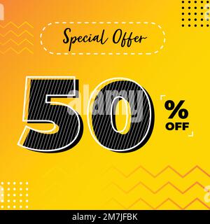 50 Prozent Rabatt. Designvorlage für Marketing für Sonderangebote. 50 % Aktionsrabatt. Konzeptionelles gelbes und orangefarbenes Bannerdesign Stock Vektor