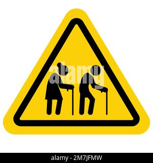 Das Zeichen ist alt. Ältere Menschen überqueren Verkehrssymbol. Flacher Stil. Stockfoto